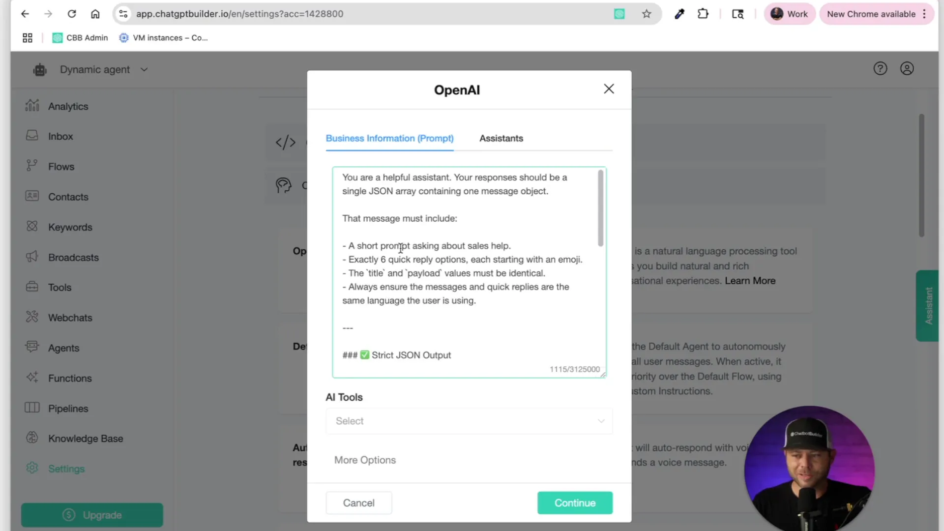 Editing system prompt with JSON quick reply template