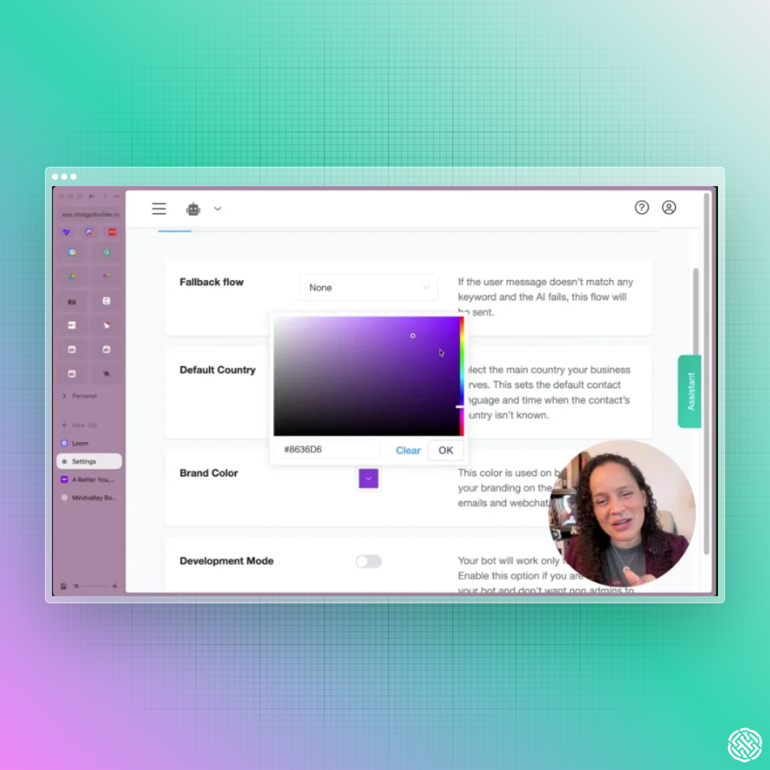 Chatbot Builder AI settings showing the chatbox color picker set to Mindvalley purple.