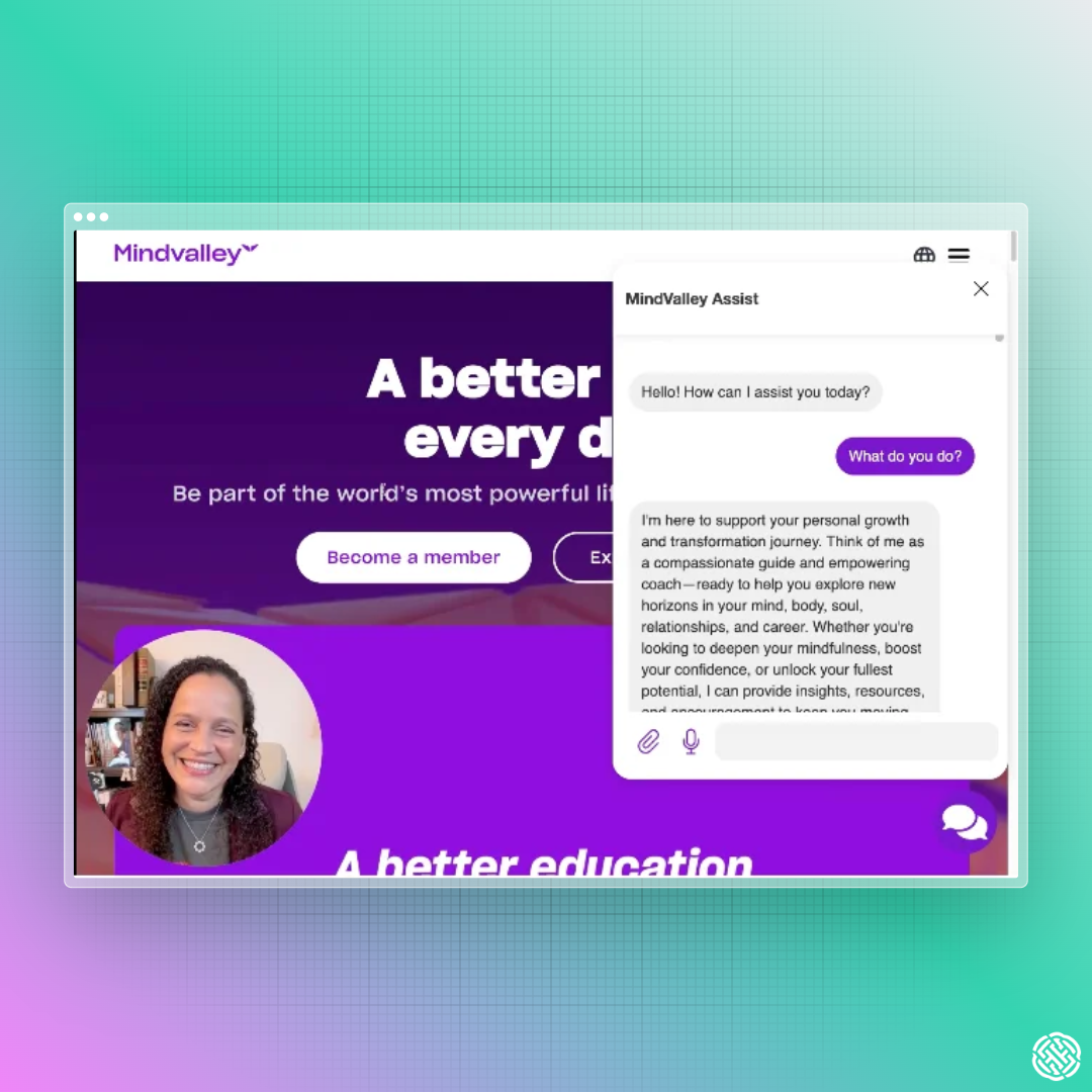 Live Mindvalley page with the Mindvalley Assist chat widget open and greeting the visitor.