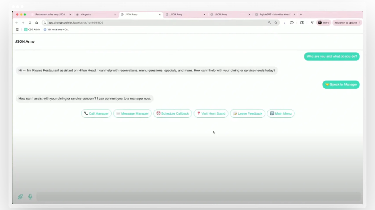 CBB restaurant agent greeting with quick replies