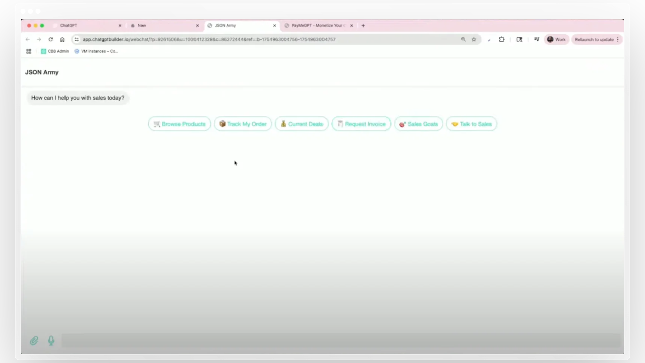 Chatbot Builder AI showing JSON quick replies from a JSON agent