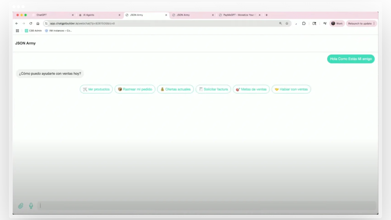 CBB agent responding in Spanish with localized quick replies