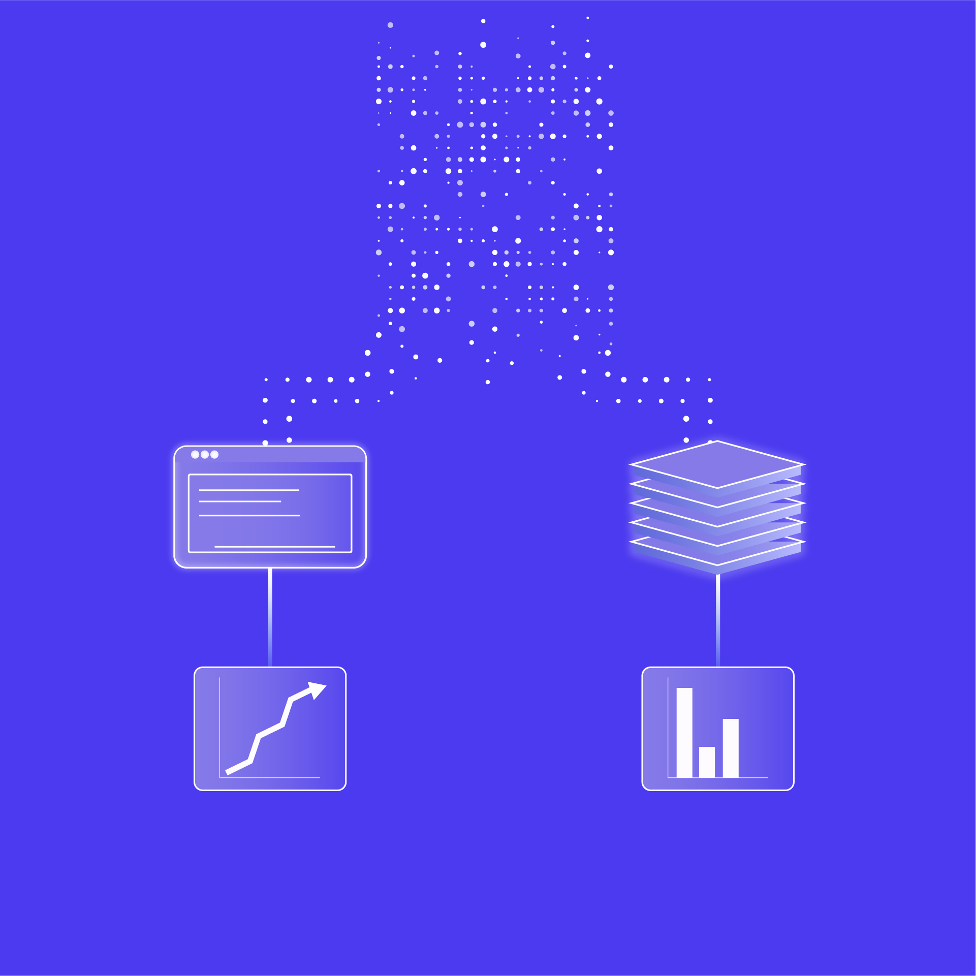 An image showing a data stream splitting into a browser icon (outputting a line graph) and a server icon (outputting a bar chart).