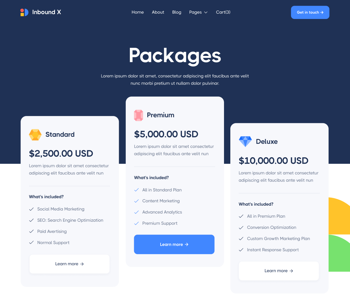 Inbound X - Packages page - Social Media Marketing Agency Webflow Template