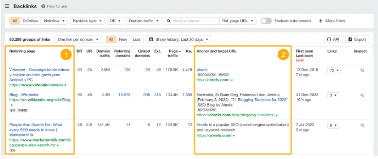 Screenshot of an SEO backlink analysis tool displaying referring pages, domain metrics, anchor text, target URLs, and link details used to evaluate a website’s backlink profile.