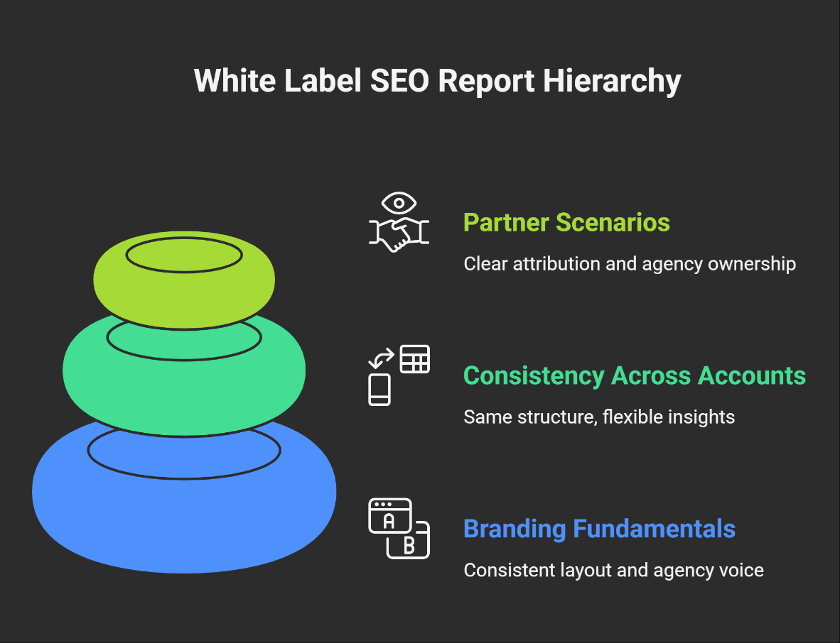 Diagram illustrating the hierarchy of a white label SEO report, highlighting branding fundamentals, consistency across accounts, and partner scenarios for clear attribution and agency ownership.