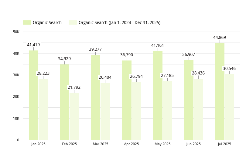 Bar chart from the Hurom case study by Bluethings comparing monthly organic search traffic from January to July 2025 with the previous year, showing growth in organic visits and improved search performance.