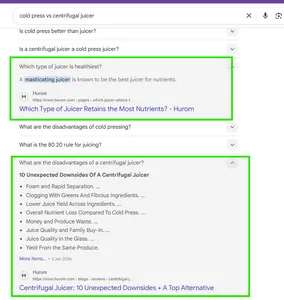 Google search results showing an AI Overview answering “Which type of juicer is healthiest?” that cites Hurom and highlights its article about which juicer retains the most nutrients.