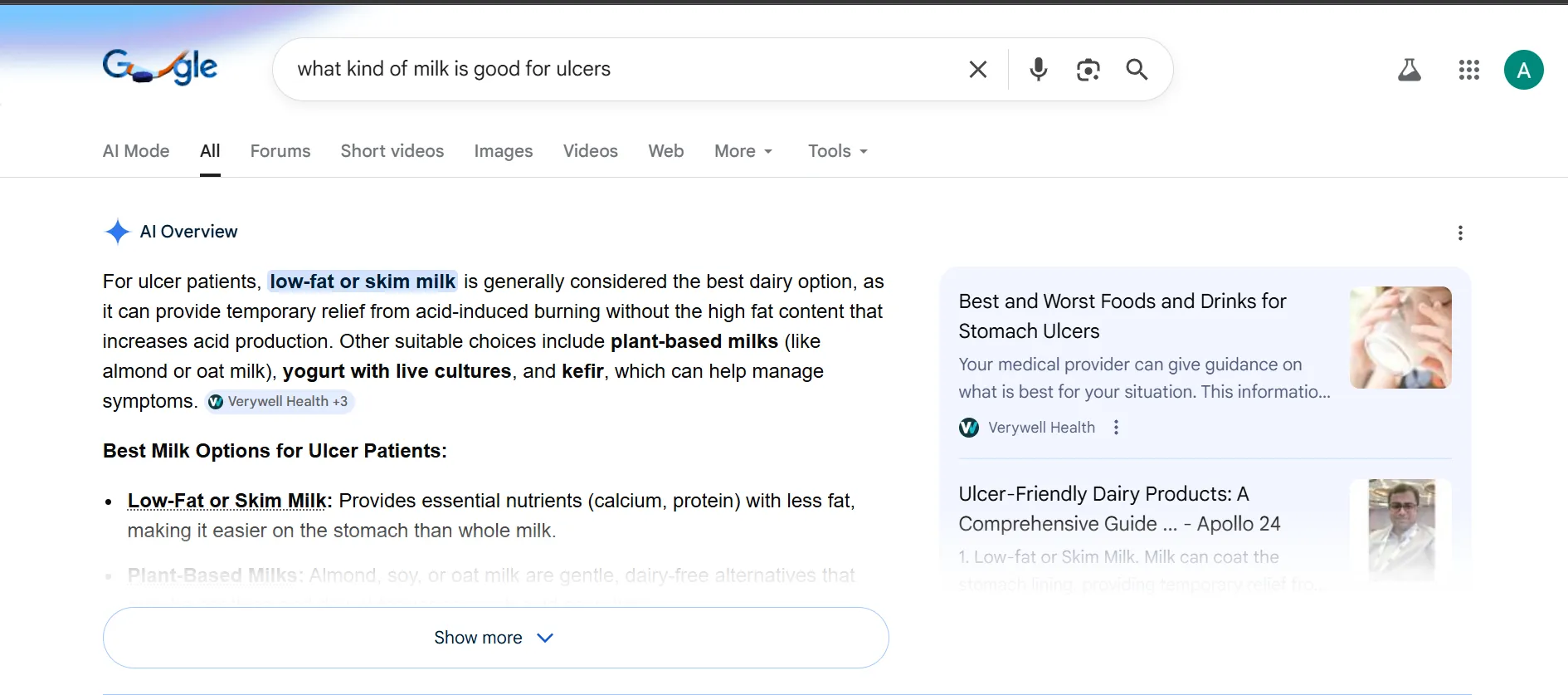 Google search results page for “what kind of milk is good for ulcers” displaying an AI Overview answer recommending low-fat or skim milk, along with plant-based alternatives, yogurt, and kefir, plus related health articles on the right.