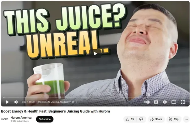 YouTube video thumbnail showing a man enjoying a green juice with the text “THIS JUICE? UNREAL.” alongside the title “Boost Energy & Health Fast: Beginner’s Juicing Guide with Hurom.”