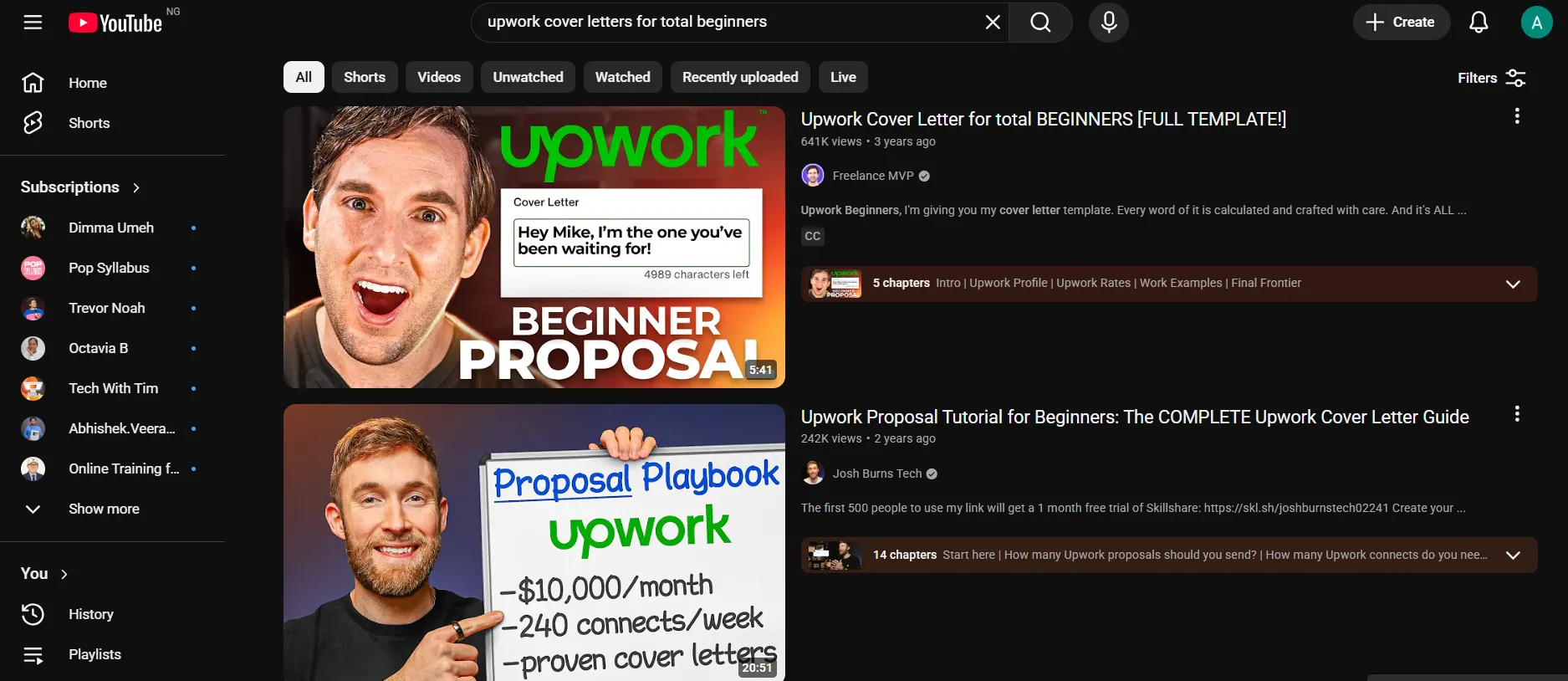 YouTube search results page for “upwork cover letters for total beginners” showing video thumbnails and titles, including beginner proposal tutorials, with channel names, view counts, and sidebar navigation.