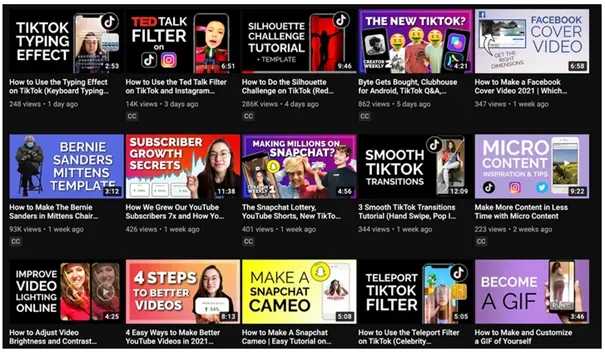 Grid of YouTube video thumbnails featuring tutorials on TikTok tips and effects, including topics like typing effects, filters, transitions, Snapchat growth, and micro content creation.