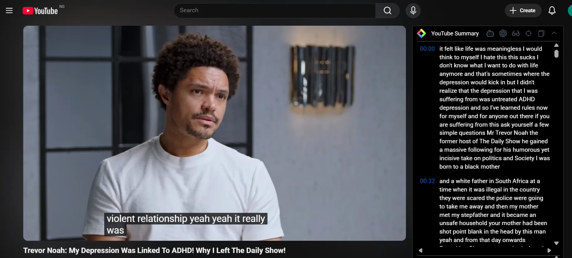YouTube video player showing Trevor Noah speaking during an interview, with subtitles on screen and a sidebar displaying a timestamped transcript summary of the video content.