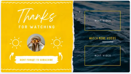 YouTube end screen design featuring a “Thanks for watching” message, a subscribe button, and placeholders for next videos on a split background with bright yellow and ocean imagery.