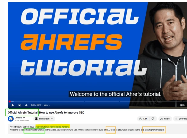 A YouTube video thumbnail titled “Official Ahrefs Tutorial” featuring a presenter on the right and bold blue text on the left, with the video description below highlighting SEO tools and improving Google rankings.