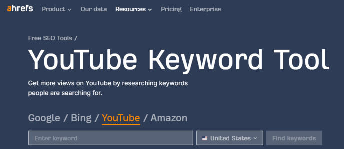 A webpage from Ahrefs displaying the “YouTube Keyword Tool,” with a search bar to enter keywords and options to choose platforms like Google, Bing, YouTube, and Amazon.