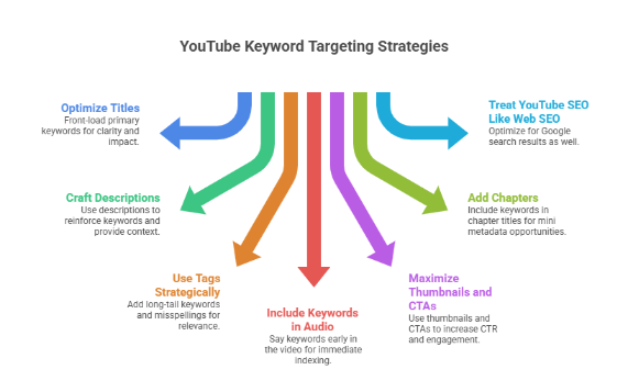Diagram illustrating YouTube keyword targeting strategies including titles, descriptions, tags, audio keywords, thumbnails, chapters, and web SEO optimization.