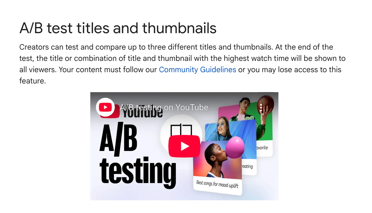 YouTube A/B testing feature showing how creators compare different titles and thumbnails to improve watch time and optimize video performance.