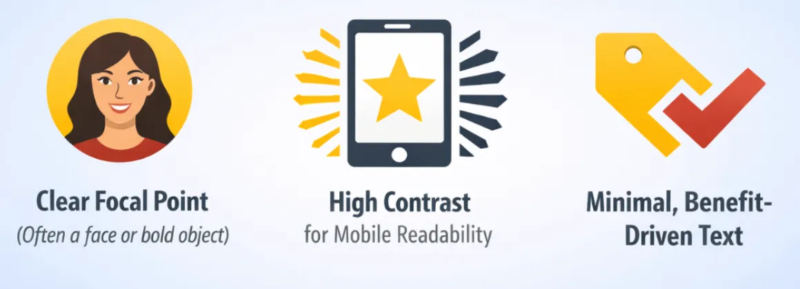Illustration showing effective YouTube thumbnail tips including clear focal point, high contrast for mobile readability, and minimal benefit-driven text.