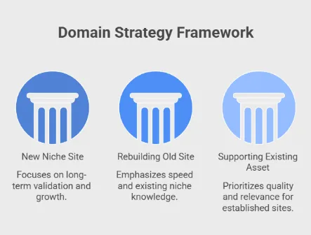 Infographic presenting three domain strategies: building a new niche site for long-term growth, rebuilding an old site for speed, and supporting an existing asset for quality and relevance.