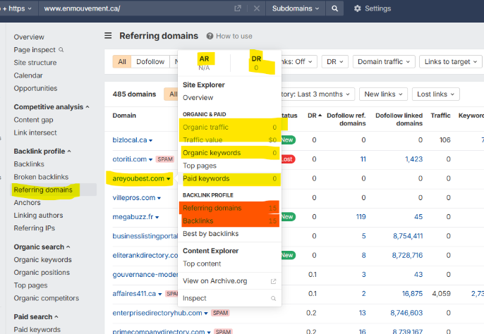 SEO tool screenshot showing referring domains report with domain rating, backlinks, organic traffic, and highlighted low-quality domain metrics.