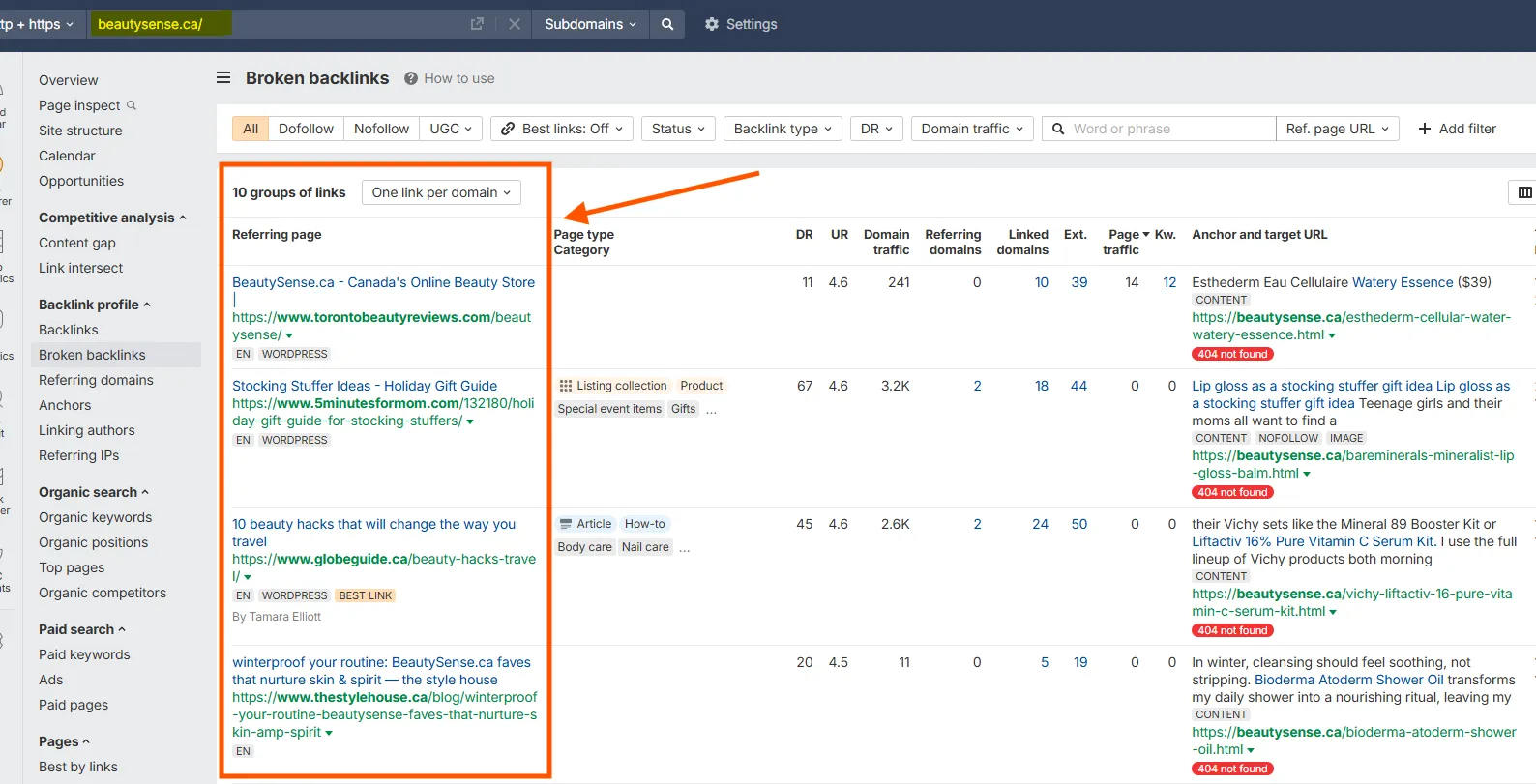 SEO tool interface displaying broken backlinks for a website, including referring pages, domain metrics, and 404 error links that need fixing.