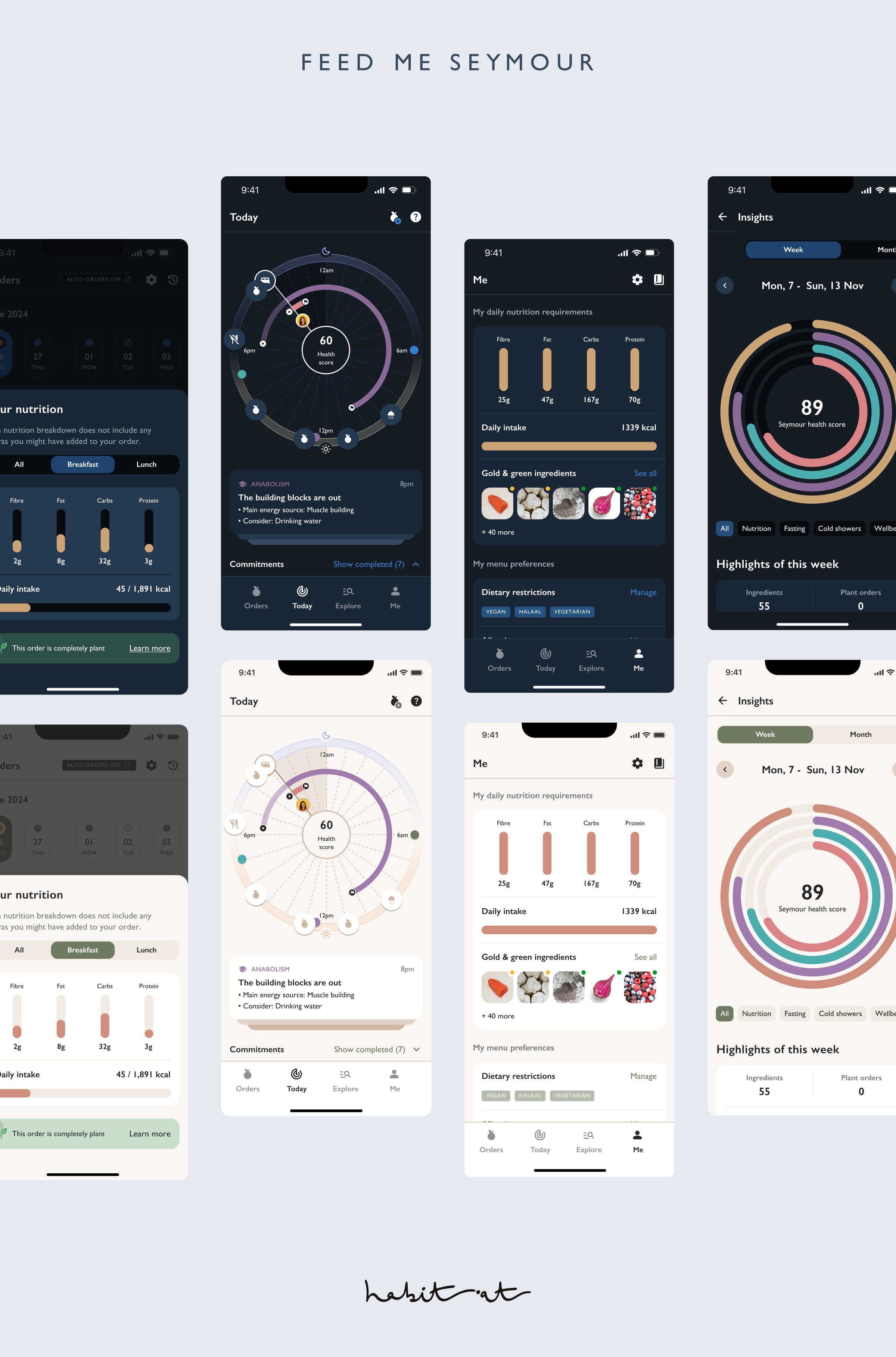 A collage showcasing the app's detailed checkout flow. The screens show various steps including selecting a delivery time, setting a custom driver tip, confirming the delivery address, and handling notifications like 'Your cart has changed'. A full checkout summary is also visible.