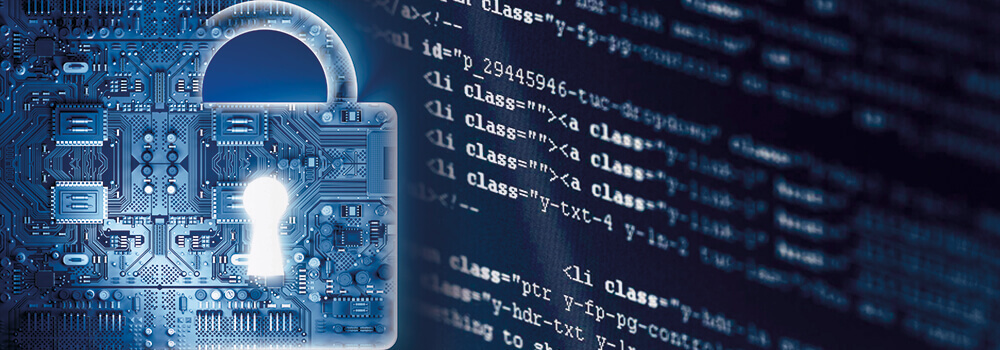 Digital padlock with circuitry design symbolizing cybersecurity next to blurred computer code.