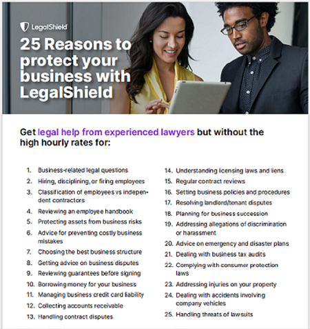 LegalShield advertisement listing 25 business protection reasons, including legal help from experienced lawyers without high hourly rates, with two people looking at a tablet.
