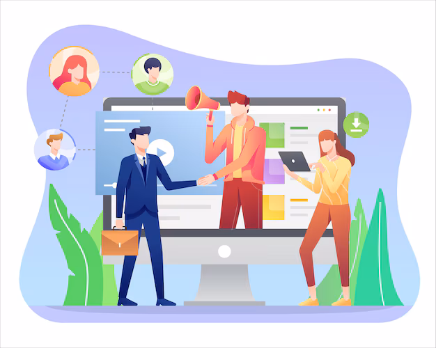 Illustration of three people engaging with a large computer screen, one shaking hands and another using a tablet, representing digital marketing and collaboration.