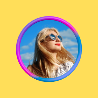 Young woman with long blonde hair wearing heart-shaped sunglasses, looking up against a blue sky with clouds, framed by a colorful circular border on a yellow background.