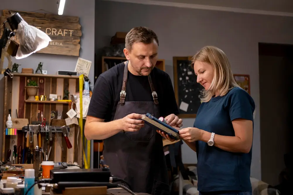 A male craftsman in an apron showing a leather wallet to a smiling woman in a workshop.