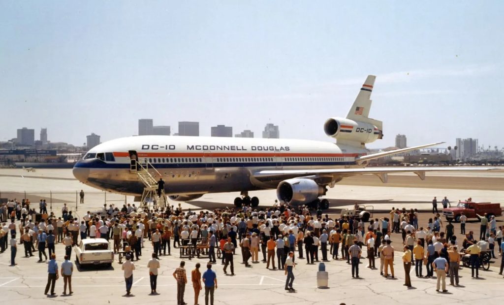 McDonnell Douglas DC-10 prototype in house colors on the ramp surrounded by a crowd
