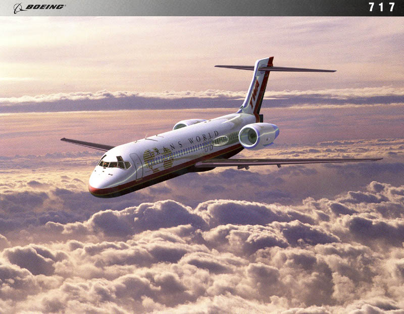 Boeing marketing illustration of a 717-200 in Trans World Airlines livery in flight above clouds