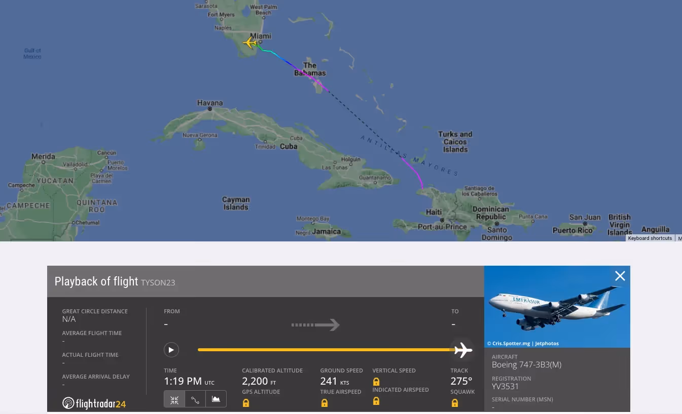 YV3531 Emtrasur Boeing 774-300F Flight TYSON23. Image: FlightRadar24