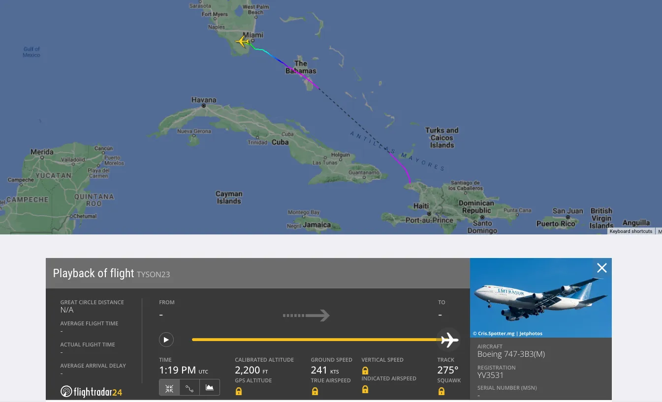 YV3531 Emtrasur Boeing 774-300F Flight TYSON23. Image: FlightRadar24