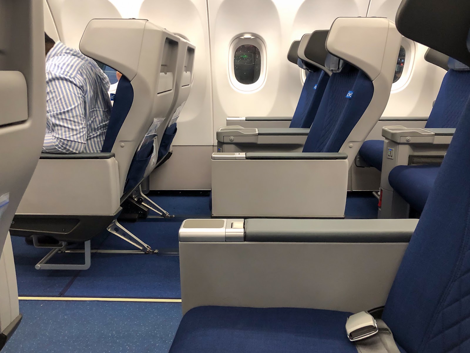 The stretch cabin in IndiGo Airbus A321neo has privacy walls, fast charging capability, and a good seat pitch and width.