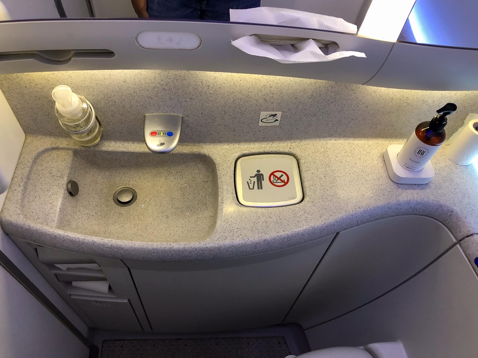 The clean washroom consisted of handwash, sanitiser and face tissues.