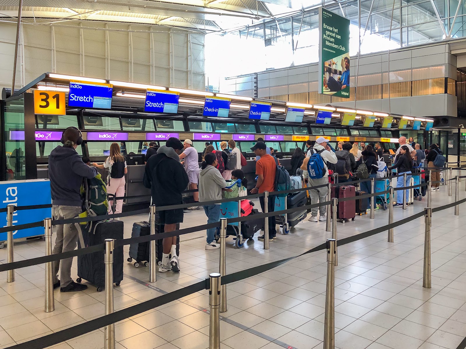 IndiGo check-in counters at Amsterdam Schiphol.