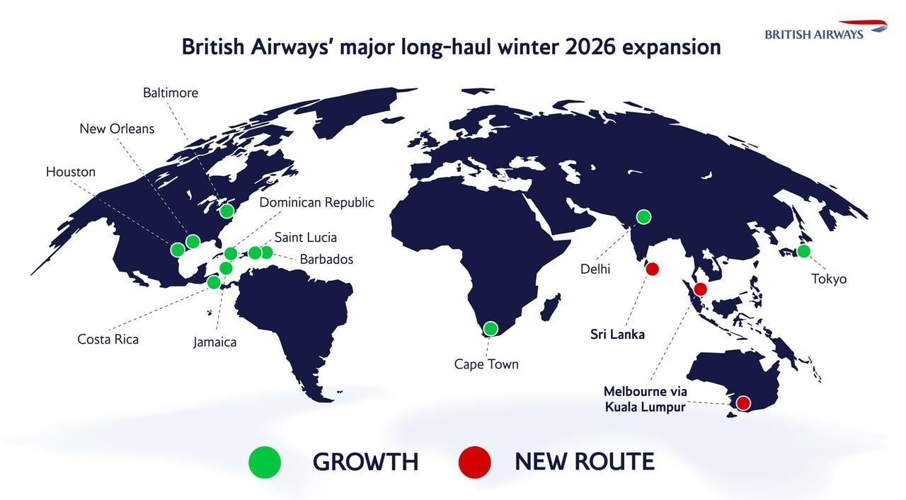 British Airways' winter long-haul schedule 2026