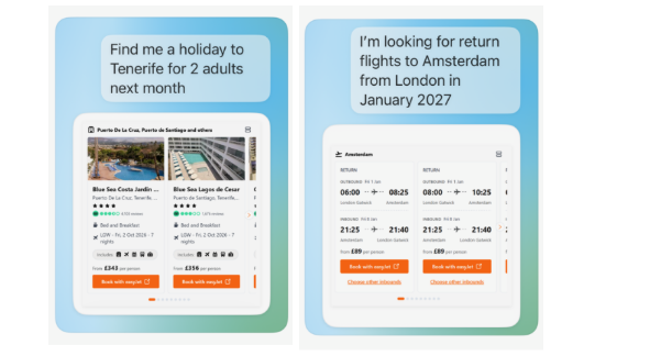 easyJet-supplied examples of ChatGPT holiday and flight searches with prices and booking buttons