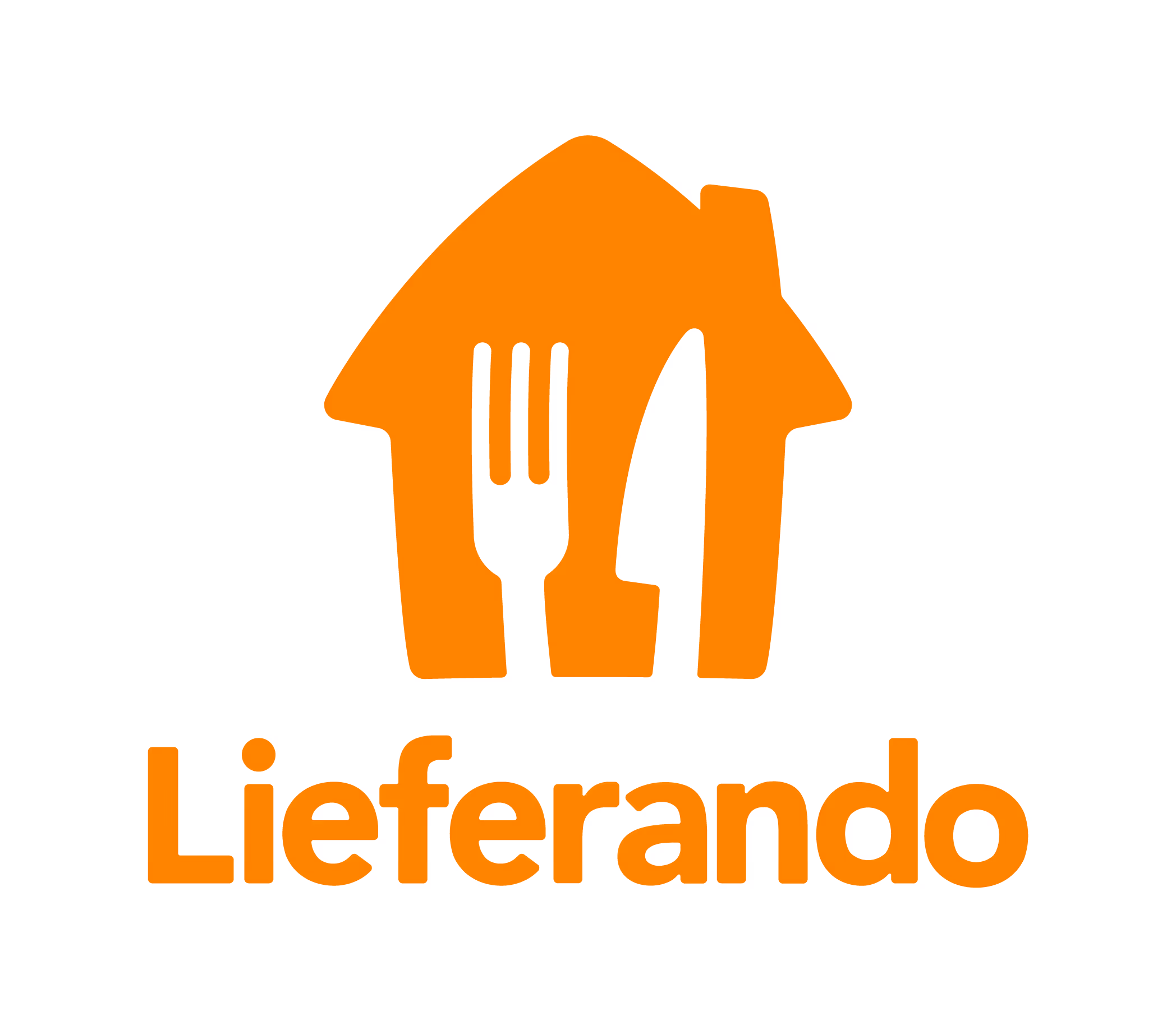 Lieferando-Logo mit orangefarbenem Haus, in dem eine Gabel und ein Messer als Türen dargestellt sind.