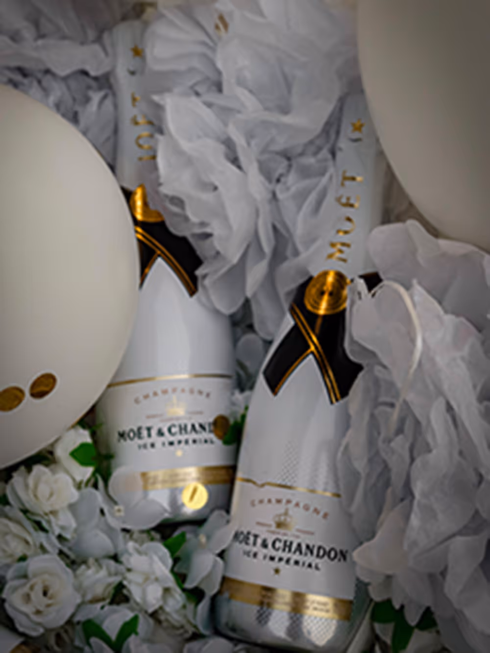 Zwei Flaschen Moët & Chandon Ice Imperial Champagner in weiß-goldener Verpackung umgeben von weißen Blumen und Luftballons.