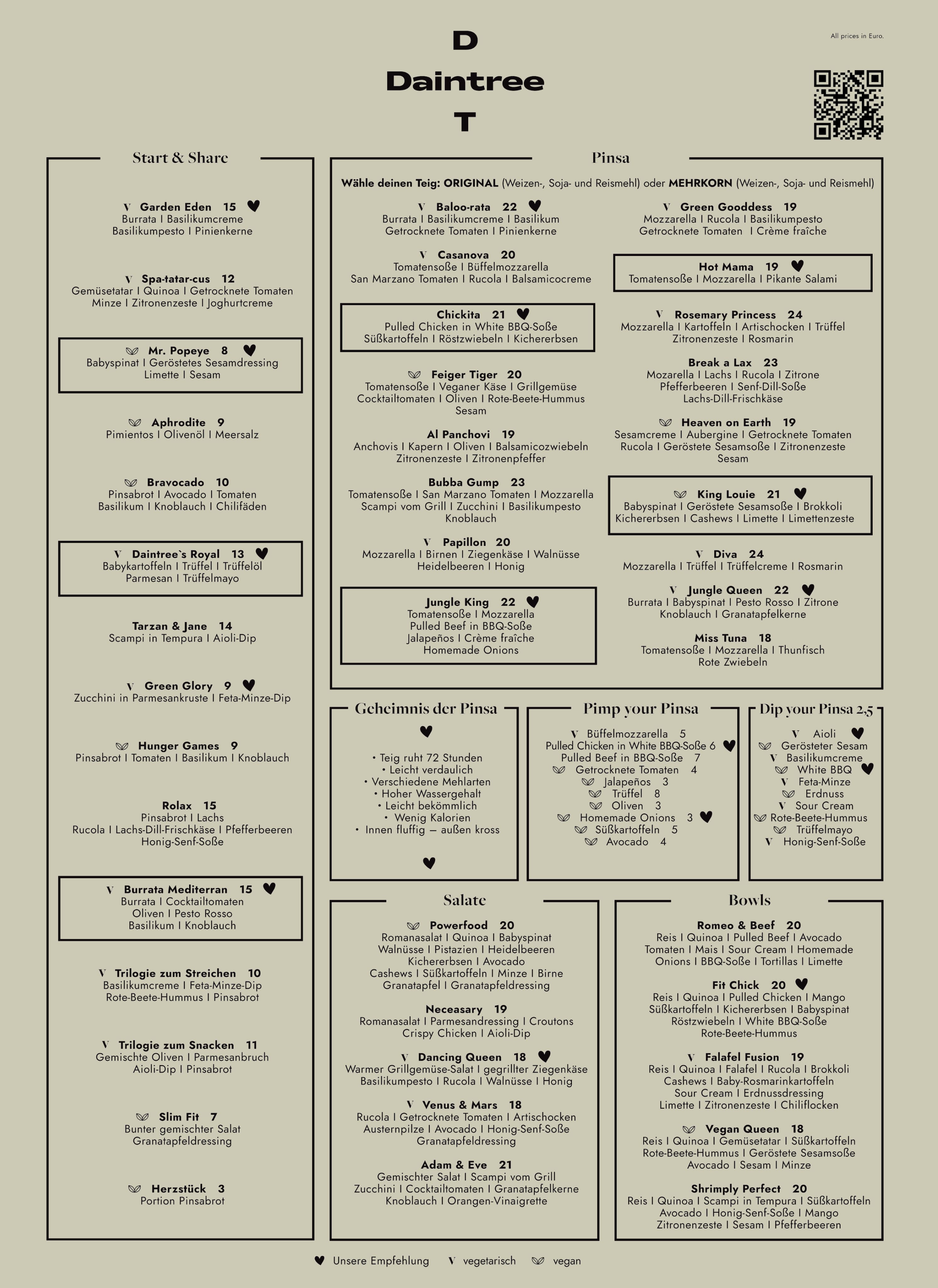 Speisekarte mit verschiedenen Kategorien wie Start & Share, Pinsa, Salate und Bowls, die vegetarische und vegane Gerichte mit Zutatenbeschreibungen und Preisen in Euro zeigen.