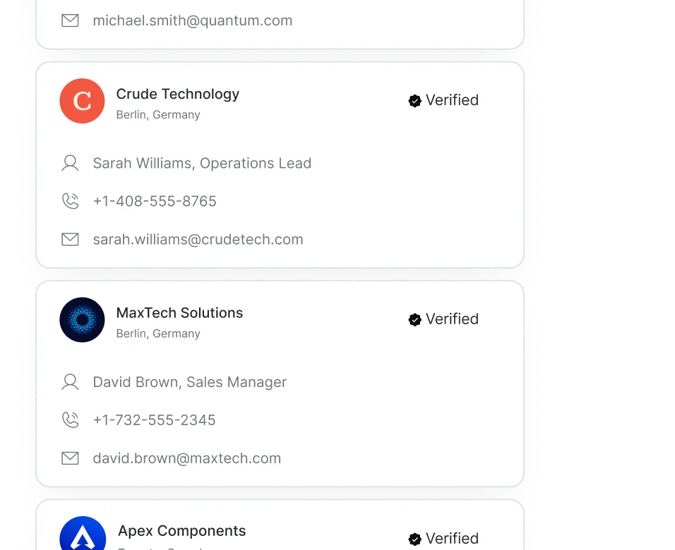Contact cards for Crude Technology with Sarah Williams, MaxTech Solutions with David Brown, and Apex Components, all based in Berlin, Germany, each verified with phone and email details.