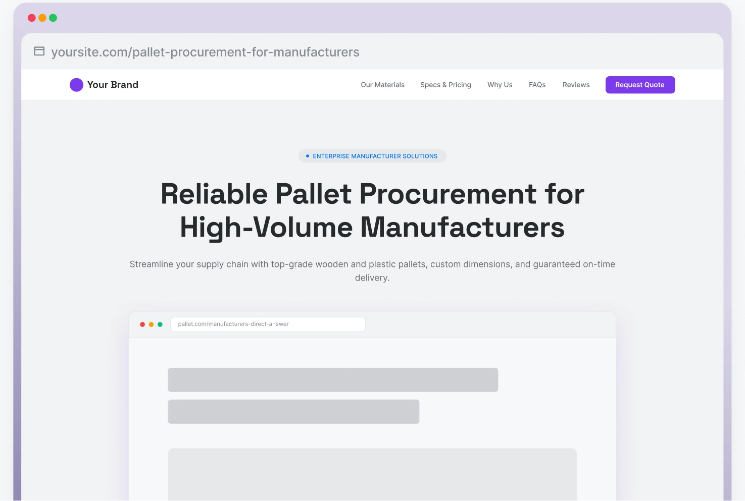 A Gushwork-built page titled Reliable Pallet Procurement for High-Volume Manufacturers