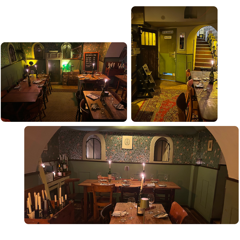 collection of 3 pictures in a restaurant celllar with dining tables and candles