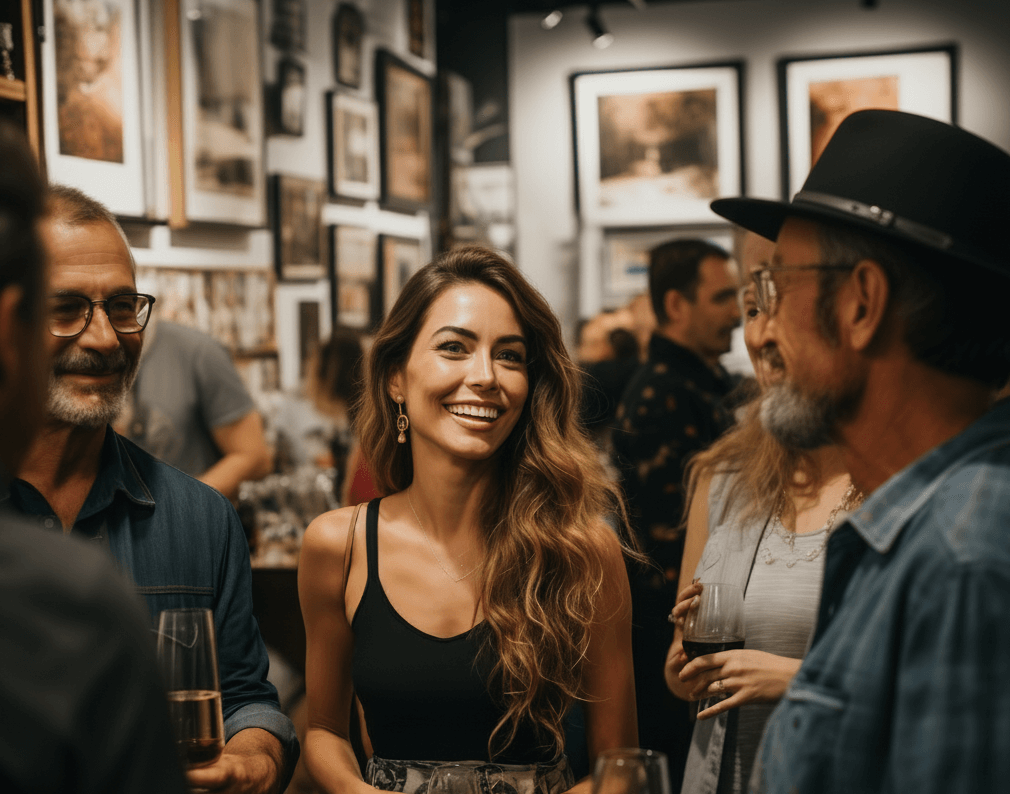 group of people have a conversation in a gallery