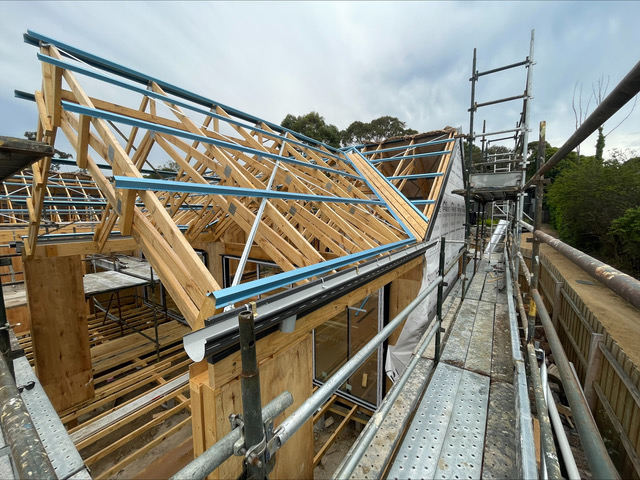 The 38-degree timber trusses established. This angle is a deliberate response to Mt Martha's coastal profile