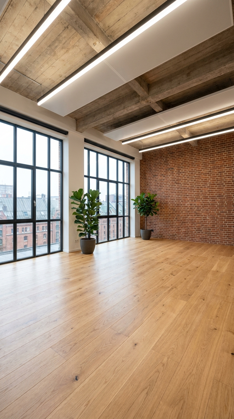 Offene Arbeitswelt mit Sichtbeton, Backstein und großen Fenstern